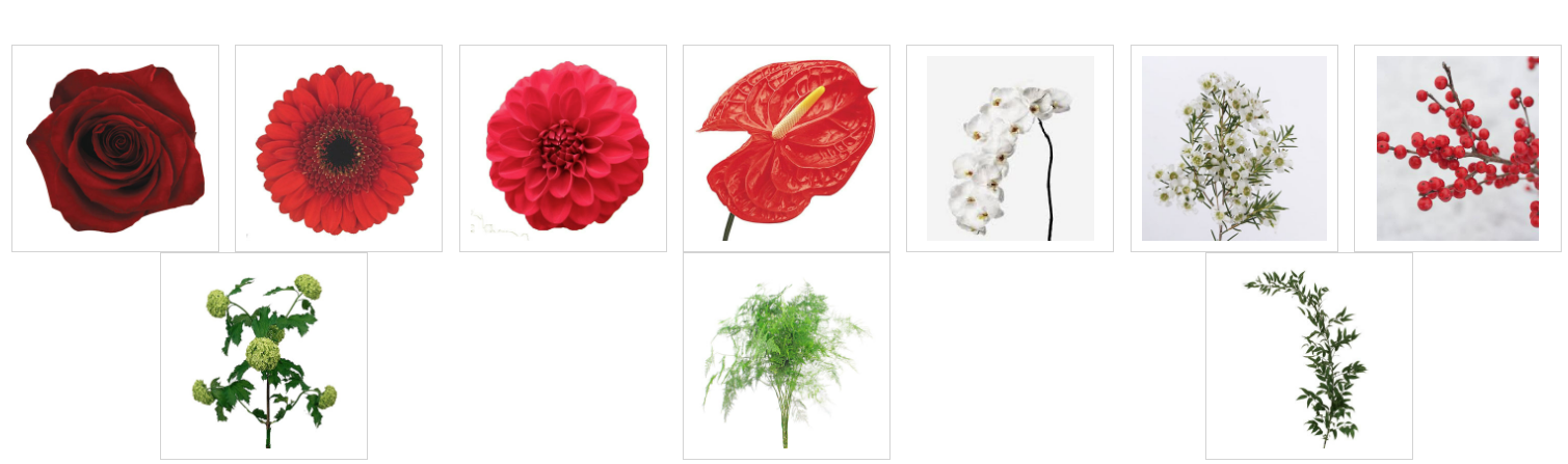 Flower plaette of red roses, red gerberas, white orchids, berries, viburnum , eucalyptud and woft ruscus